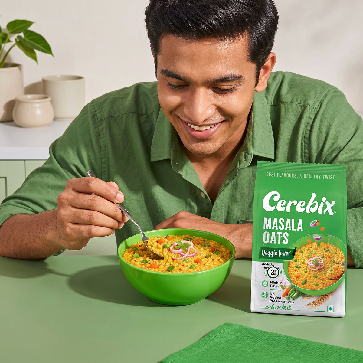 man eating veggie oats